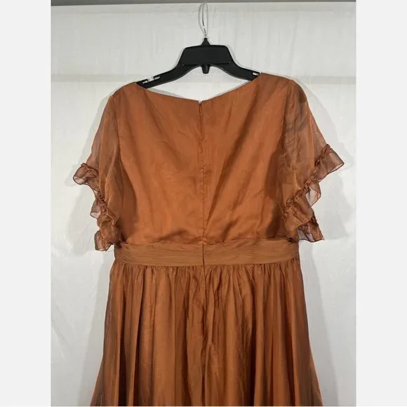 NWT Mac Duggal [ 12 ] Sheer Flutter Sleeve Tea Length Ruffle Dress‎ Rust Orange - Picture 11 of 15